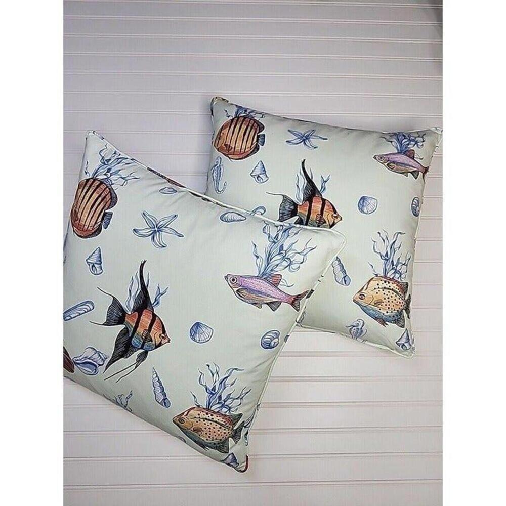 Set of 2 Coastal Fish Throw Pillows 18x18 Nautical Decor